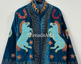 Velvet Blue Suzani Jacket, Elephant Embroidered Jacket, Bohemian Reversible Jacket, Bohemian Floral Outerwear, Jacket Coat, Gifts For Her