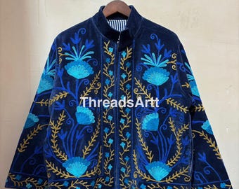 Velvet Blue Suzani Jacket, Hand Embroidered Jacket, Bohemian Embroidery Reversible Jacket, Jacket Coat, Gifts For Her, Personalised Gifts