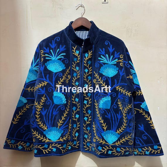 Velvet Blue Suzani Jacket, Hand Embroidered Jacket, Bohemian Embroidery Reversible Jacket, Jacket Coat, Gifts For Her, Personalised Gifts