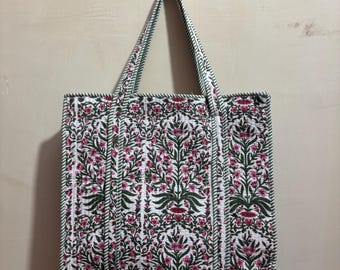Indische Block-Print-Baumwoll-Einkaufstasche: Handgemachte gesteppte Blumenschultertasche Block-Print Baumwolleinkaufstasche, Boho Hippie Jola Markttasche