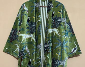 Jungle Print Velvet Kimono Robes, Reversible Velvet Coat, Winter Robe, Bridesmaid Winter Bathrobe, Jacket Dressing Gown, Christmas Gifts