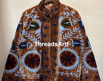 Velvet Suzani Jacket, Hand Embroidered Sujani Jacket, Bohemian Embroidery Reversible Jacket, Brown Jacket, Gifts For Her, Personalized Gifts