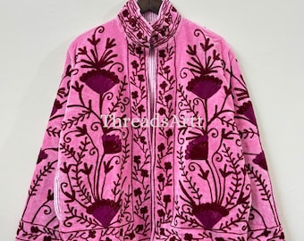 Handmade Velvet Suzani Embroidered Jacket, Cotton Suzani Coat, Winter Wear Jacket Coat, Suzani Short Jacket, Gifts For Her, Gifts For Women