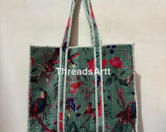 Bird Print Shoulder Bag with Pocket, Velvet Tote Bag, Soft Tote Bag, Quilted Velvet Bag, Sustainable Study Bag, Shopping Bag, Boho & Hippie