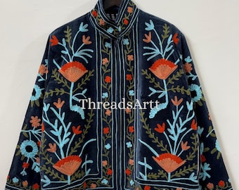 Velvet Floral Suzani Embroidered Jacket, Cotton Suzani Coat, Winter Wear Jacket Coat, Suzani Short Jacket, Gifts For Her, Gifts For Women