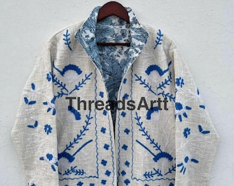 Handmade Reversible Suzani Jacket, Blue & White Embroidered Cotton Coat, Reversible Wear Jacket, Tnt Fabric Suzani Jacket, Gift For Her