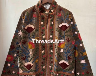 Velvet Suzani Jacket, Hand Embroidered Sujani Jacket, Bohemian Embroidery Reversible Jacket, Brown Jacket, Gifts For Her, Personalized Gifts