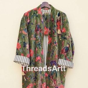 Bird Print Velvet Kimono Robes, Green Velvet Coat, Winter Robe, indian Morning Bathrobe, Boho & Hippie, Gift For Her, Personalized Gift