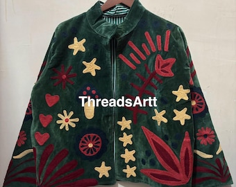 Suzani embroidery Floral Jackets Velvet inner Cotton green Bohemian Winter Jacket Coat vintage Boho wedding Reversible Jacket For Women