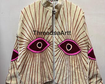 Evil Eye Velvet Jacket, Embroidered Suzani Unique Jacket, Bohemian Winter Wear Jacket, Pure Velvet Beige Color Jacket, Personalized Gifts