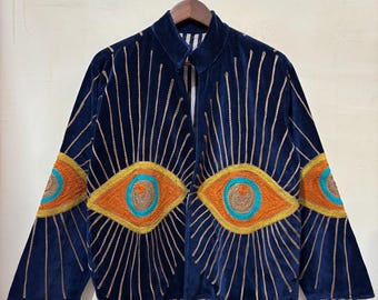Evil Eye Blaue Samtjacke, gestickte Suzani Einzigartige Jacke, Boho Winter Wear Jacke, Reine Samtjacke, personalisierte Geschenke für Sie