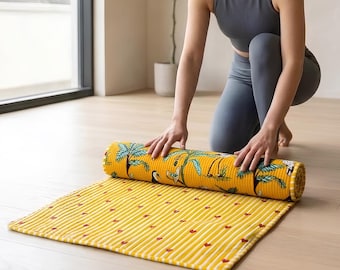 Handwerklich Hand Block print Yoga Teppich - Gesteppte Matte aus 100% Bio-Baumwolle - Umweltfreundlicher, waschbarer Meditations Teppich - Handgewebter Teppich