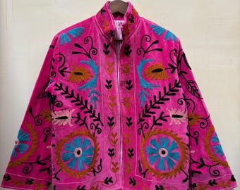 Pink Velvet Suzani Jacket, Embroidery Jacket, Reversible Velvet Jacket, Bridal Gifts, Gifts For Her, Ethnic Winter Jacket, Gift For Her