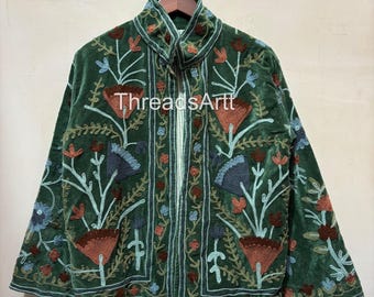 Samtgrüne Suzani-Jacke, handbestickte Jacke, Boho-Stickerei-Wendejacke, Jacken-Mantel, Geschenke für sie, Geschenke für Mama