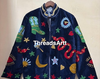 Snake Design Velvet Suzani Jacket, Hand Embroidered Sujani Jacket, Bohemian Embroidery Reversible Jacket, Blue Jacket, Gifts For Her