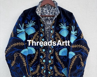 Reversible Suzani Jacket, Hand Embroidered Jacket, Floral Embroidery Jacket Coat, Blue Velvet  Jacket, Gifts For Her, Personalised Gifts