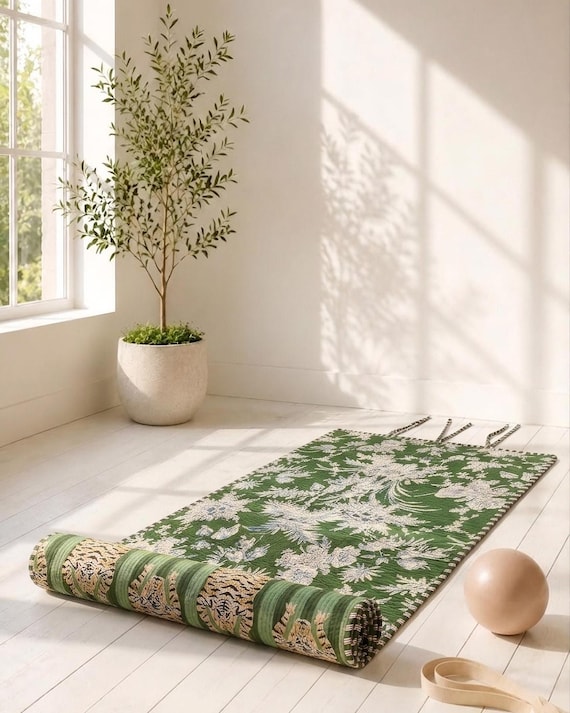 Handmade Reversible Cotton Yoga Mat, Quilted Green Cotton Yoga Mat, Therapy Yoga Mat, Women Yoga Mat, Pure Cotton Yoga Mat, Gifts For Women