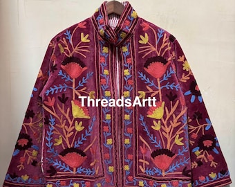 Velvet Floral Suzani Embroidered Jacket, Cotton Suzani Coat, Winter Wear Jacket Coat, Suzani Short Jacket, Gifts For Her, Gifts For Women