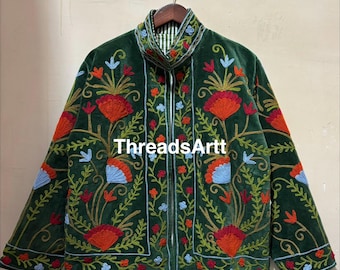 Velvet Green Suzani Jacket, Hand Embroidered Jacket, Bohemian Embroidery Reversible Jacket, Jacket Coat, Gifts For Her, Personalised Gifts