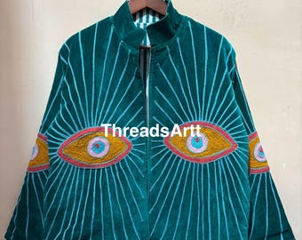 Evil Eye mörkblå sammetjacka, broderad Suzani unik jacka, bohemisk vinterjacka, sammetjacka, personliga presenter