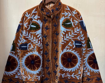 Velvet Suzani Jacket, Hand Embroidered Sujani Jacket, Bohemian Embroidery Reversible Jacket, Brown Jacket, Gifts For Her, Personalized Gifts