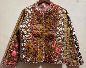 Blumen Gesteppte Jacken Baumwolle Braun Boho Stil Herbst Winter Jacke Mantel Hochzeit Wende Steppjacke für Frauen Patchwork