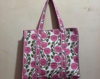 Einkaufstasche aus gesteppter Baumwolle mit Handblock bedruckt, Boho-Einkaufstasche und Strandtasche, Reise- und Schultertasche, Braut- / Frauengeschenke, nachhaltig
