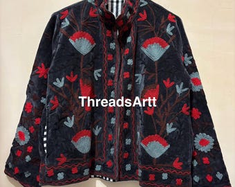 Black Velvet Suzani Jacket, Velvet Suzani Embroidered Jacket, Winter Jacket, Ethnic Jacket, Winter Coat, Gifts For Her, Gifts For Women