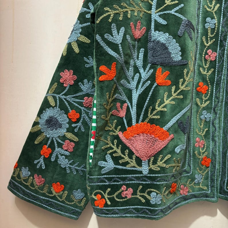 Velvet Green Suzani Jacket, Hand Embroidered Jacket, Bohemian Embroidery Reversible Jacket, Jacket Coat, Gifts For Her, Personalised Gifts image 8