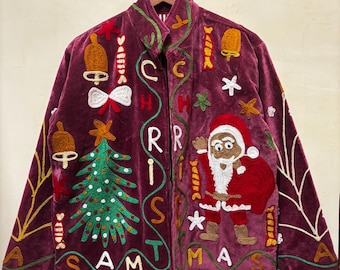 Samt Suzani Jacke, Weihnachtsthema Hand bestickte Sujani Jacke, Boho Stickerei Wendejacke, Geschenke für sie, Geschenke für sie