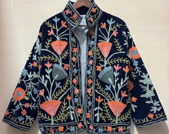 Samt Suzani Jacke, handbestickte Sujani Jacke, Boho Stickerei Wendejacke, blaue Jacke, Geschenke für sie, Geschenke für Mutter, Geschenk