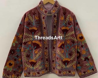 Mauve Velvet Suzani Embroidered Jacket, Cotton Suzani Coat, Winter Wear Jacket Coat, Light Mauve color Suzani Jacket, Gifts For Her