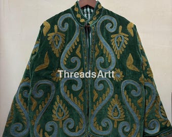 Green Velvet Suzani Jacket, Hand Embroidered Jacket For Women, Indian Suzani Embroidery Jacket, Gifts For Her, Gifts, Personalised Gifts