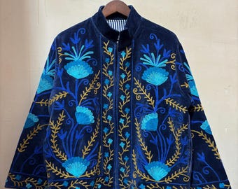Samtblaue Suzani-Jacke, handbestickte Jacke, Boho-Stickerei-Wendejacke, Jackenmantel, Geschenke für sie, personalisierte Geschenke