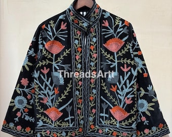 Velvet Suzani Jacket, Hand Embroidered Sujani Jacket, Bohemian Embroidery Reversible Jacket, Black Jacket, Gifts For Her, Personalised Gifts