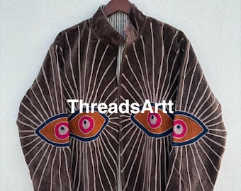 Evil Eye Brown Velvet Suzani Jacket, Embroidered Suzani Unique Jacket, Embroidery Velvet Suzani Jacket, Velvet Jacket, Gifts For Her