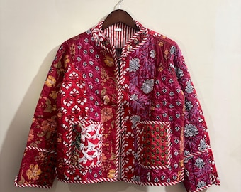 Handcrafted Cotton Quilted Patchwork Jacket, Boho Floral Reversible Coat – Red Cotton Short Jacket for Women, Gift for Her Personalized Gift