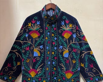 Velvet Blue Suzani Jacket, Hand Embroidered Jacket, Bohemian Embroidery Reversible Jacket, Jacket Coat, Gifts For Her, Personalised Gifts