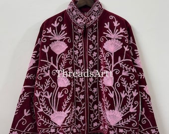 Handmade Velvet Suzani Embroidered Jacket, Cotton Suzani Coat, Winter Wear Jacket Coat, Suzani Short Jacket, Gifts For Her, Gifts For Women