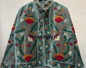 Handmade Velvet Suzani Embroidered Jacket, Cotton Suzani Coat, Winter Wear Jacket Coat, Suzani Short Jacket, Gifts For Her, Gifts For Women