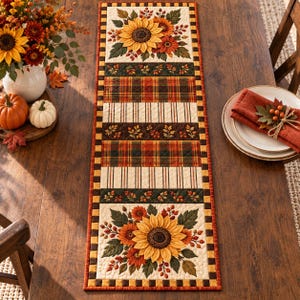 May include: A rectangular quilted table runner featuring a repeating pattern of sunflowers, autumn leaves, and berries at both ends. The center sections alternate between plaid and striped fabric panels in shades of orange, brown, and cream.