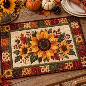 Mantel individual acolchado con girasoles otoñales, decoración de comedor para la cosecha de otoño y Acción de Gracias, regalo para la cocina de estilo rústico