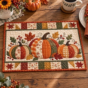 Quilted Autumn Pumpkin Placemat, Fall Patchwork Table Mat, Maple Leaves Dining Decor, Rustic Thanksgiving Decor, Kitchen Hostess Gift