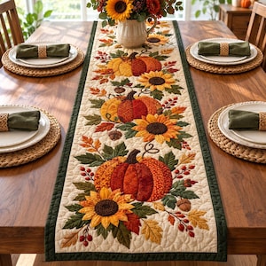 Può includere: Un runner da tavola trapuntato con un motivo ripetuto di zucche arancioni, girasoli gialli, foglie verdi e ghiande marroni su sfondo color crema, rifinito con un bordo verde scuro e posizionato su un tavolo da pranzo in legno con coperti.