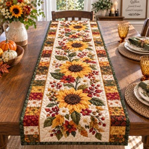 May include: A quilted table runner featuring a central pattern of embroidered sunflowers, small white flowers, and red berries on a cream background, bordered by a patchwork design of autumn-coloured floral and geometric fabric squares.