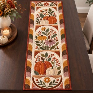 Quiltad pumpa-bordslöpare, höstblommig lapptäcke för matplats, höstbåge-bordslöpare för Thanksgiving, skörd i köket mittdekoration