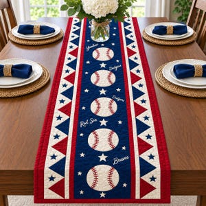 Op de afbeelding: Een gewatteerde tafelloper met een centraal donkerblauw paneel met witte honkbalafbeeldingen en teamnamen zoals Yankees, Dodgers en Red Sox. De rand heeft rode en witte driehoeken met donkerblauwe sterren op een witte achtergrond.