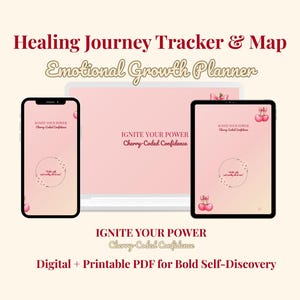 May include: A digital planner displayed on a phone, laptop, and tablet. The screens show a pink background with the text "IGNITE YOUR POWER" and "Cherry-Coded Confidence". The planner is for emotional growth and self-discovery.