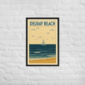 Póster art déco de un velero en Delray Beach: arte mural costero vintage