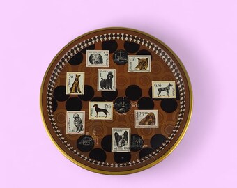 Bandeja vintage de hojalata polaca con perros/FOB Sosnowiec PRL Era/Plato de metal retro sin usar/Decoración de cocina kitsch/Regalo para amantes de los perros